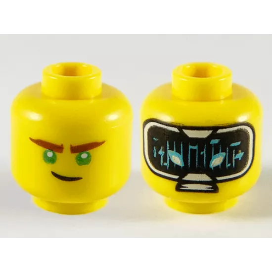 Minifigure, Head Dual Sided Reddish Brown Eyebrows, Green Eyes, Lopsided Grin / HUD with Black Screen, Medium Azure Highlights Pattern