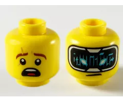 Minifigure, Head Dual Sided Reddish Brown Eyebrows with Scar, Surprised / HUD with Black Screen, Medium Azure Highlights Pattern