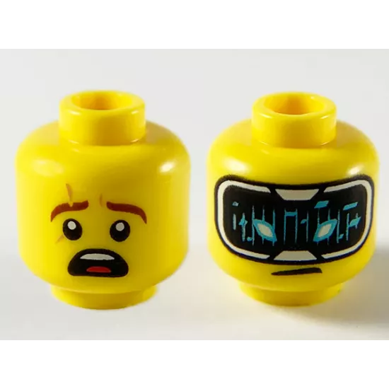 Minifigure, Head Dual Sided Reddish Brown Eyebrows with Scar, Surprised / HUD with Black Screen, Medium Azure Highlights Pattern