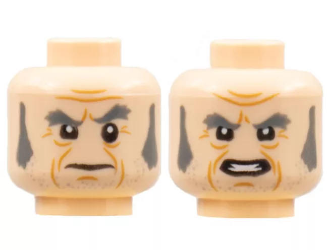 Minifigure, Head Dual Sided Dark Bluish Gray Eyebrows and Sideburns, Cheek Lines, Frown / Mouth with Teeth Pattern