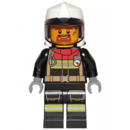 Fire - Male, Black Jacket and Legs with Reflective Stripes and Red Collar, White Fire Helmet, Trans-Black Visor, Dark Orange Goatee
