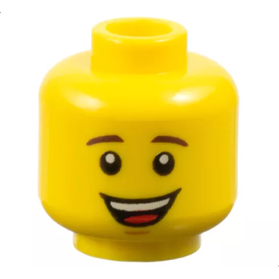 Minifigure, Head Dark Brown Eyebrows, Medium Nougat Chin Dimple, Open Mouth Smile with Top Teeth and Red Tongue Pattern