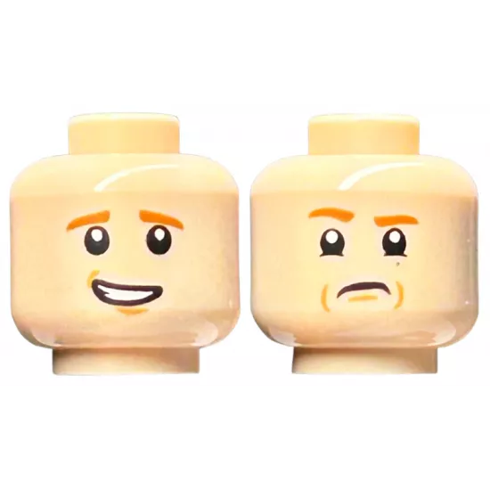 Minifigure, Head Dual Sided Dark Orange Eyebrows, Medium Nougat Chin Dimple, Lopsided Open Mouth Smile with Teeth / Angry with Frown Pattern