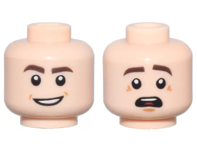 Minifigure, Head Dual Sided Dark Brown Eyebrows, Open Mouth Smile / Scared with Top Teeth and Red Tongue Pattern