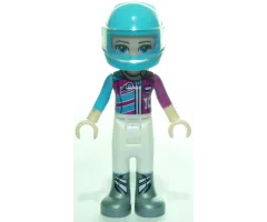 Friends Stephanie, White Trousers, Medium Azure and Magenta Racing Jacket, Helmet