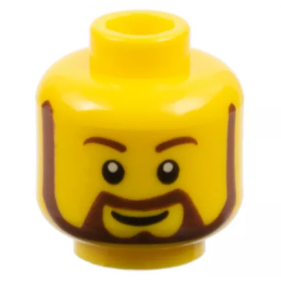 Minifigure, Head Beard Reddish Brown Rounded with White Pupils and Grin Pattern