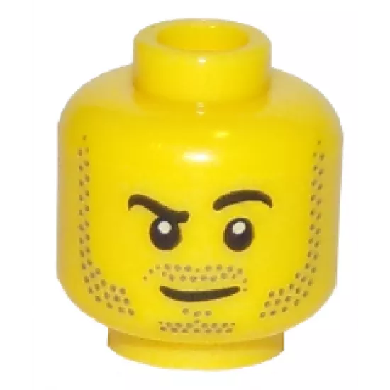 Minifigure, Head Black Eyebrows, Left Raised, Dark Tan Moustache, Mutton Chops and Goatee Stubble, Lopsided Grin Pattern