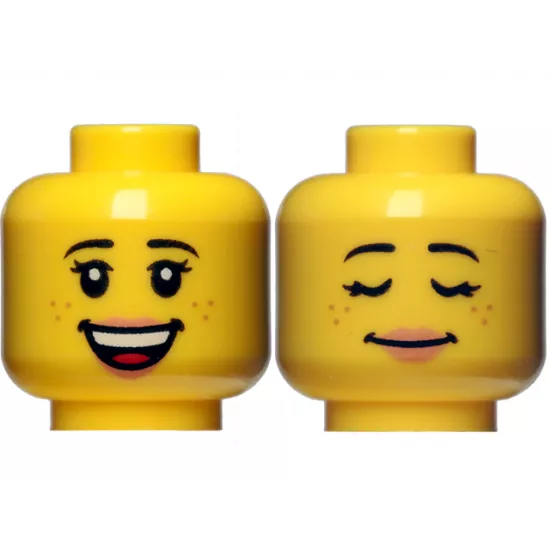 Minifigure, Head Dual Sided Female Black Eyebrows, Double Eyelashes, Nougat Lips and Freckles, Open Mouth Smile with Top Teeth and Red Tongue / Sleeping Pattern