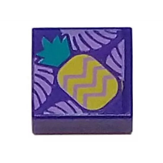 Tile 1 x 1 with Medium Lavender Tropical Leaves and Yellow Pineapple with Dark Turquoise Top Pattern