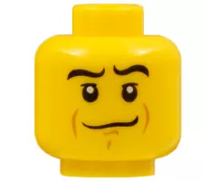 Minifigure, Head Black Wavy Eyebrows, Medium Nougat Cheek Lines and Chin Dimple, Crooked Smile Pattern