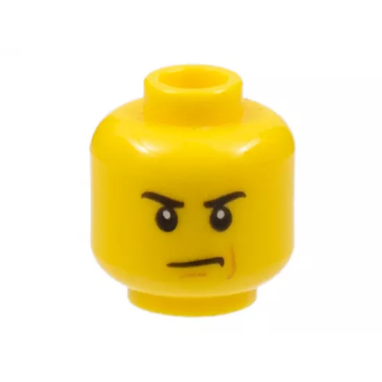 Minifigure, Head Male Angry Eyebrows and Scowl, Reddish Brown Left Cheek Line Pattern