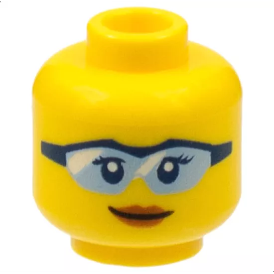 Minifigure, Head Female Glasses with Bright Light Blue Lenses and Dark Blue Frame, Dark Orange Lips, Closed Mouth Smile Pattern