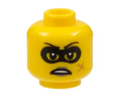 Minifigure, Head Female Black Eye Mask and Eyebrows, Scar and Black Lips Grimace Pattern