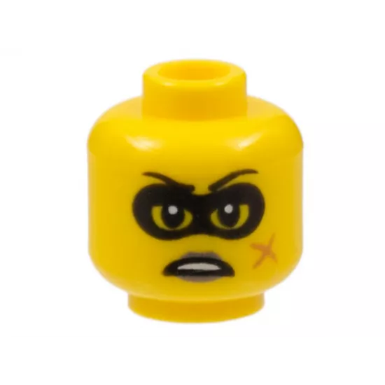 Minifigure, Head Female Black Eye Mask and Eyebrows, Scar and Black Lips Grimace Pattern