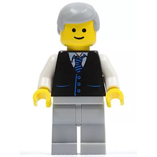 Black Vest with Blue Striped Tie, Light Bluish Gray Legs, White Arms, Light Bluish Gray Male Hair, Smile