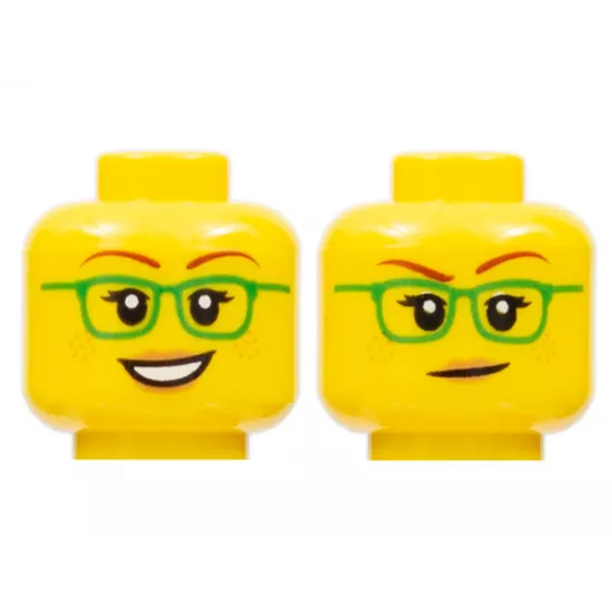 Minifigure, Head Dual Sided Female Green Glasses, Smile / Closed Mouth Pattern