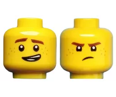 Minifigure, Head Dual Sided Reddish Brown Eyebrows and Freckles, Lopsided Grin / Frown Pattern (Jay)