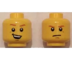 Minifigure, Head Dual Sided Dark Orange Eyebrows, Crooked Smile with Teeth / Determined, Closed Mouth Pattern
