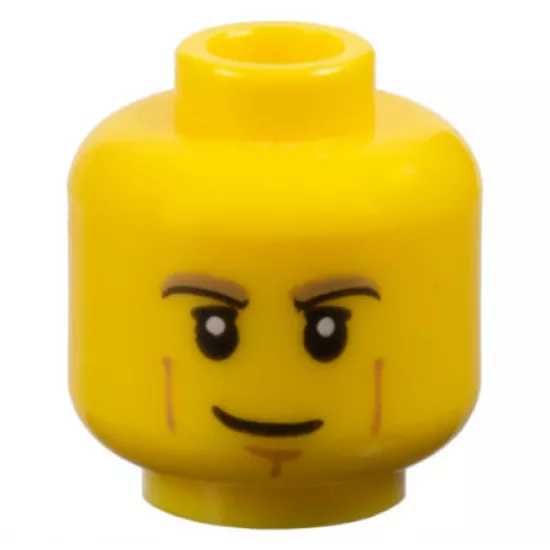 Minifigure, Head Dark Tan and Black Eyebrows, Upper Eyelids, Medium Nougat Cheek Lines and Chin Dimple, Lopsided Grin Pattern