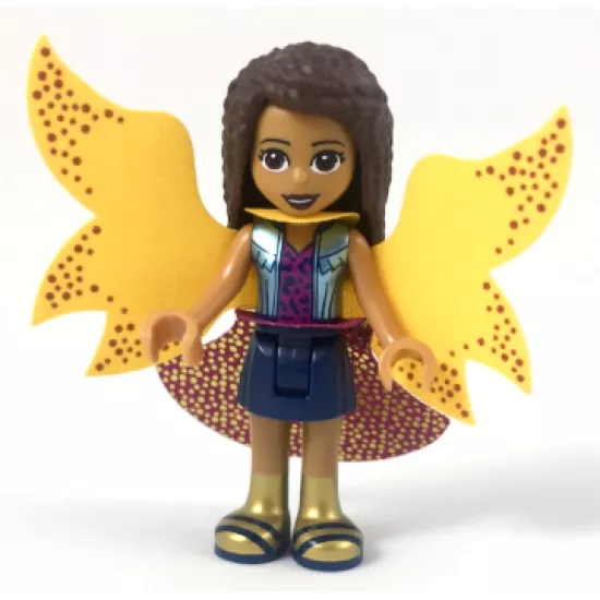 Friends Andrea, Metallic Light Blue Vest over Magenta Top, Dark Blue Skirt, Garish Butterfly Cape and Magenta Skirt, Gold Boots with Dark Blue Trim