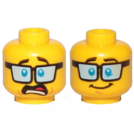Minifigure, Head Dual Sided Blue Tinted Glasses, Dark Brown Eyebrows, Shocked / Smile Pattern