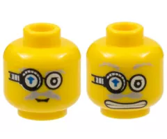 Minifigure, Head Dual Sided Power Miner Glasses with Blue Arrow, Gray Eyebrows, Moustache, Mouth Closed / Mouth with Teeth Pattern