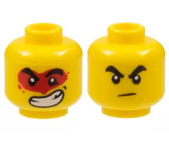 Minifigure, Head Dual Sided Black Thick Eyebrows, Frown / Large Lopsided Open Mouth Grin with Teeth, Red Paint Splotch Around Eyes Pattern