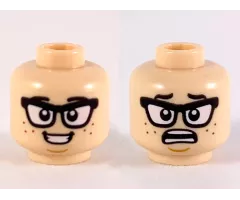 Minifigure, Head Dual Sided Black Eyebrows and Glasses, Reddish Brown Freckles, Smile / Scared Pattern