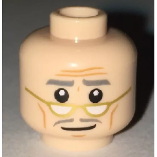 Minifigure, Head Forehead Lines, Dark Bluish Gray Eyebrows and Moustache, Gold Lowered Eyeglasses Pattern
