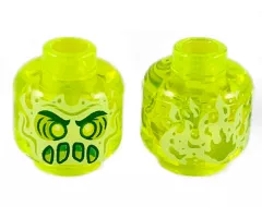 Minifigure, Head Alien Ghost with Yellowish Green Face, Dark Green Thick Eyebrows, Lime Eye Shadow, Furrowed Brow, Green Angry Open Mouth with Slime, Flames on Back Pattern
