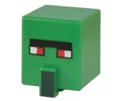 Minifigure, Head, Modified Cube Tall with Raised Rectangle with Pixelated Black Unibrow, Red Eyes, and Dark Green Nose Pattern (Minecraft Zombie Villager)