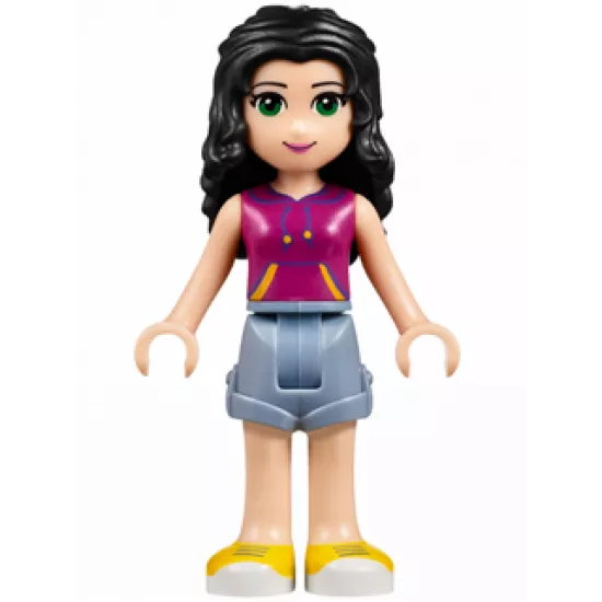 Friends Emma, Sand Blue Shorts, Magenta Top with Yellow and Dark Purple Stripes