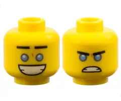 Minifigure, Head Dual Sided Black Straight Eyebrows, Medium Blue Eyes, Large Open Mouth Smile with Teeth / Angry Scowl Pattern