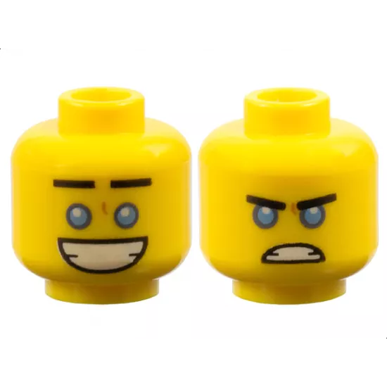 Minifigure, Head Dual Sided Black Straight Eyebrows, Medium Blue Eyes, Large Open Mouth Smile with Teeth / Angry Scowl Pattern