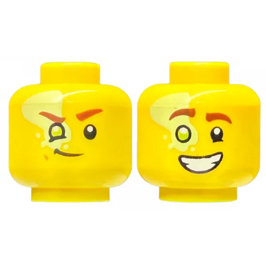 Minifigure, Head Dual Sided Reddish Brown Eyebrows, Lime Right Eye with Yellowish Green Splotch, Smirk / Open Mouth Smile with Teeth Pattern