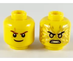 Minifigure, Head Dual Sided Reddish Brown Eyebrows, Scar, White Pupils, Smile / Gold Pupils, Fire, Angry Pattern