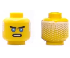 Minifigure, Head Black Thick Eyebrows, Dark Azure Eyes, Open Mouth Scowl, White Hair on Back Pattern (Zane)