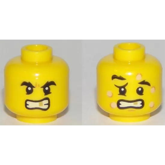 Minifigure, Head Dual Sided Black Eyebrows, Gold Tooth, Five Bee Stings, Determined / Crestfallen Pattern