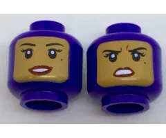 Minifigure, Head Dual Sided Female Balaclava with Medium Nougat Face, Black Eyebrows, Eyelashes, Beauty Mark, Dark Red Lips, Open Mouth Smile with Teeth / Concerned Pattern