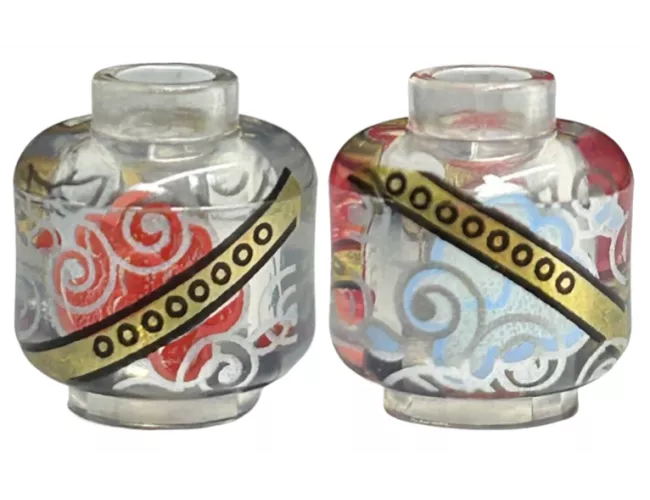 Minifigure, Head without Face with Gold Bands with Hollow Circles, Silver Swirls, Red and Light Aqua Smoke on Opposite Sides Pattern (HP Remembrall)
