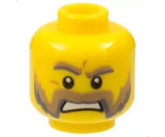 Minifigure, Head Dark Tan and Dark Bluish Gray Thick Eyebrows, Moustache and Mutton Chops, Medium Nougat Wrinkles, Angry Open Mouth Scowl with Teeth Pattern