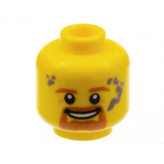 Minifigure, Head Dark Orange Eyebrows, Goatee, and Moustache, Dark Bluish Gray Splotches, Open Mouth Smile with Teeth Pattern