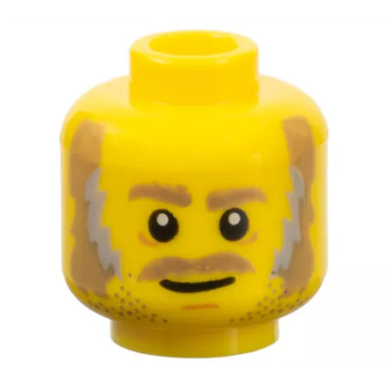 Minifigure, Head Dark Tan Eyebrows, Moustache, Dark Tan and Gray Sideburns, Stubble and White Pupils Pattern