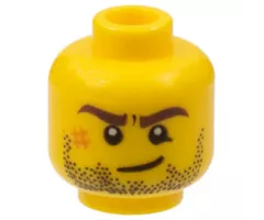 Minifigure, Head Dark Brown Eyebrows, Black Beard Stubble, Dark Orange Scuff Mark, Lopsided Grin Pattern