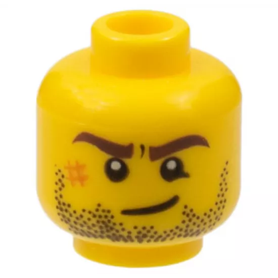Minifigure, Head Dark Brown Eyebrows, Black Beard Stubble, Dark Orange Scuff Mark, Lopsided Grin Pattern