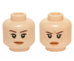Minifigure, Head Dual Sided Female Dark Brown Eyebrows, Black Eyelashes, Freckles, Nougat Lips, Neutral / Stern Pattern