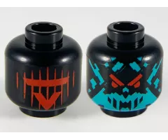 Minifigure, Head Dual Sided Alien, Red Visor and 'V' with 9 Vertical Stripes / Dark Turquoise Splotch Face with Red Eyes Pattern