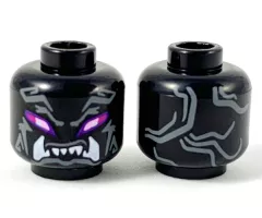 Minifigure, Head Alien Oni with Bright Pink and Magenta Eyes, Dark Bluish Gray Markings, and Open Mouth with White Lower Fangs Pattern