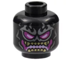 Minifigure, Head Alien Silver Flame Tattoos, Magenta and Bright Pink Eyes and Mouth, Gold Teeth Pattern