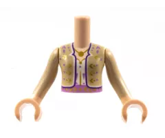 Torso Mini Doll Girl, Tan Jacket with Gold and Medium Lavender Flowers, Dark Purple Trim, Pendant Necklace, White Shirt Pattern, Light Nougat Arms with Hands with Tan Long Sleeves